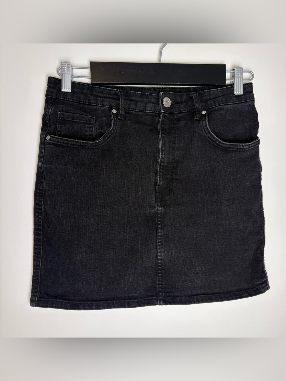 Zara Women’s Black Denim Mini Skirt Stretch Jean Skirt Size Large Y2K